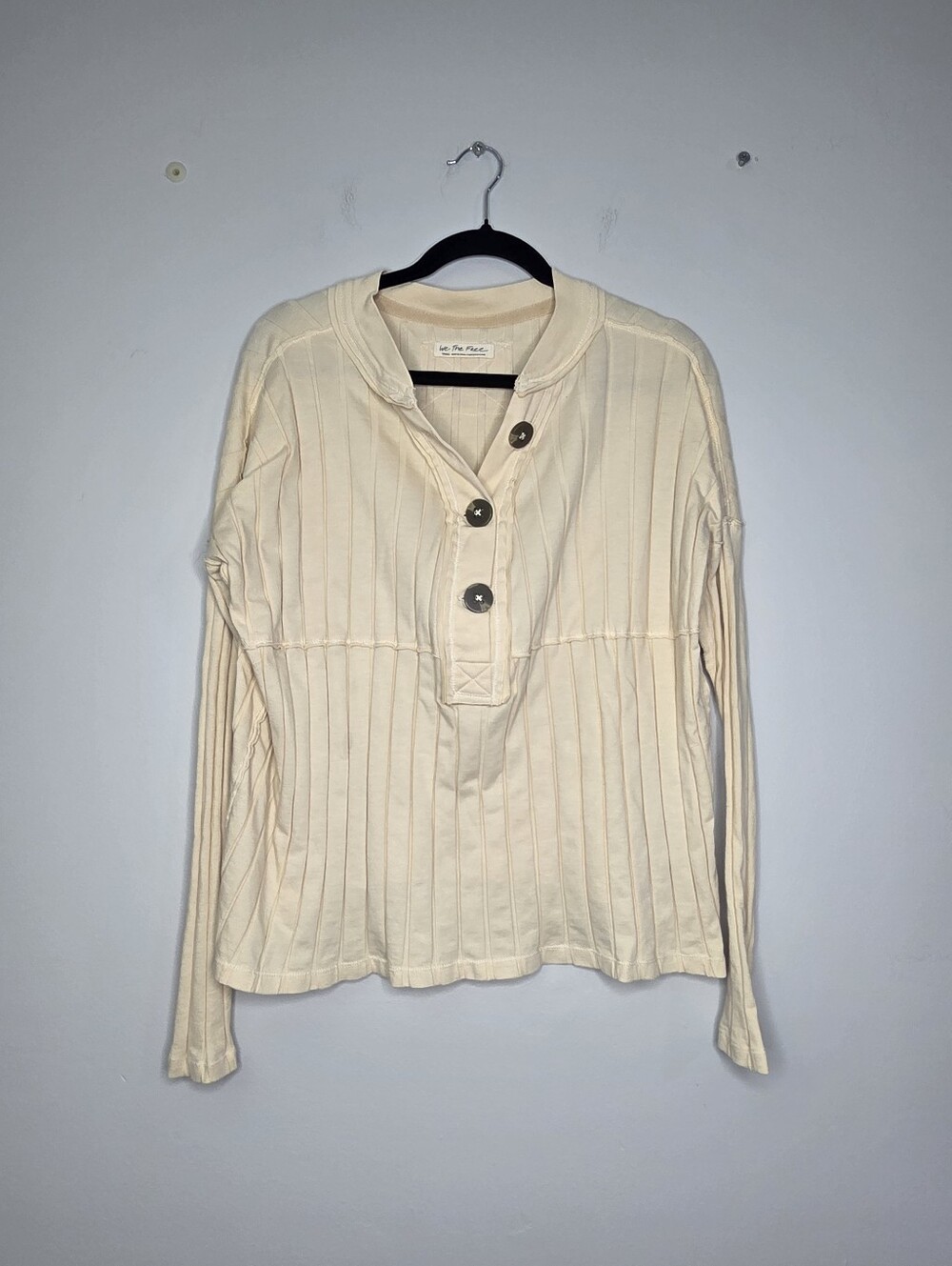 Free People Cream Ribbed Button-Placket Long Sleeve Top, Relaxed, Sz S